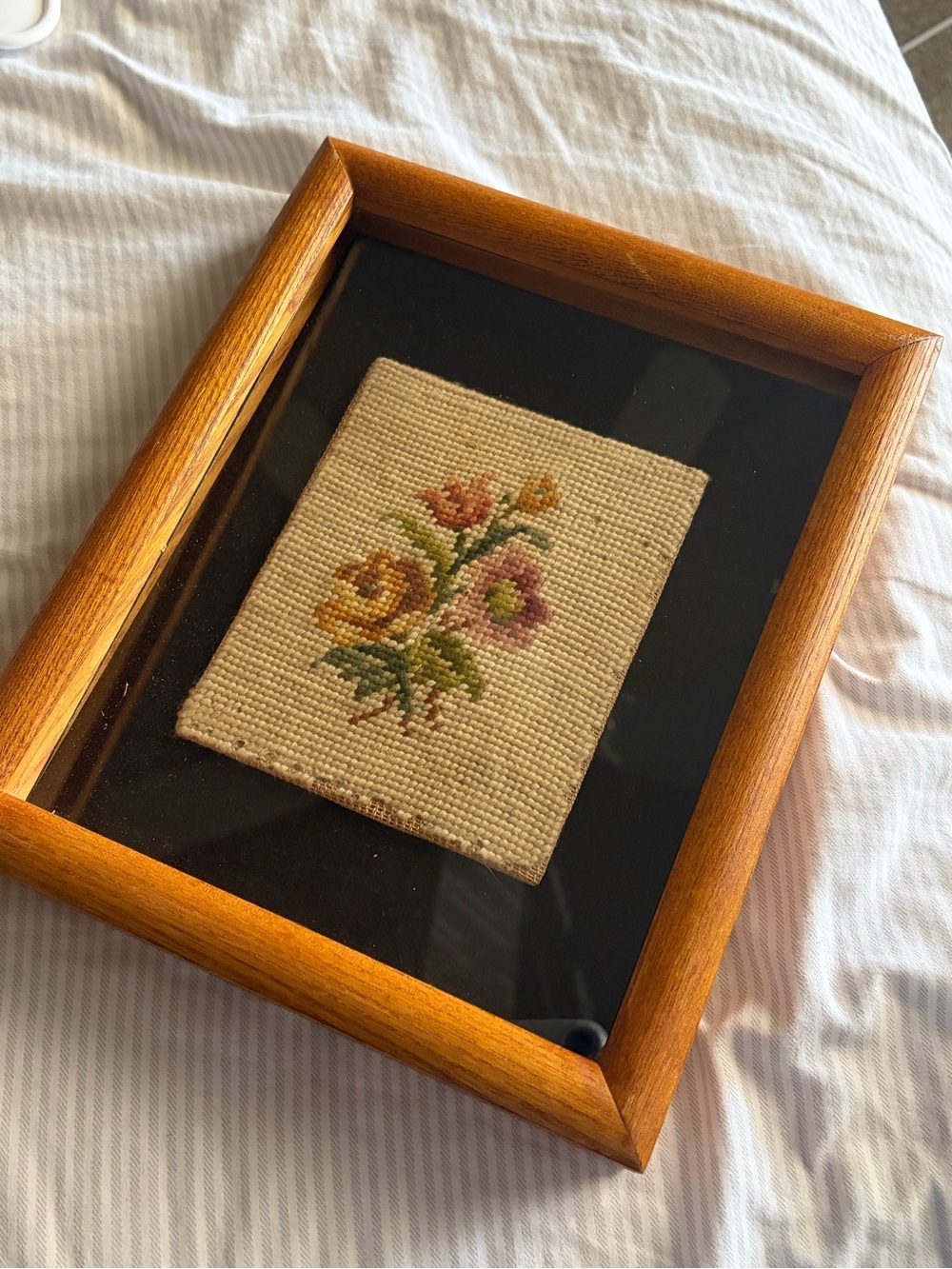 Vintage Framed Floral Cross Stitch Wall Art